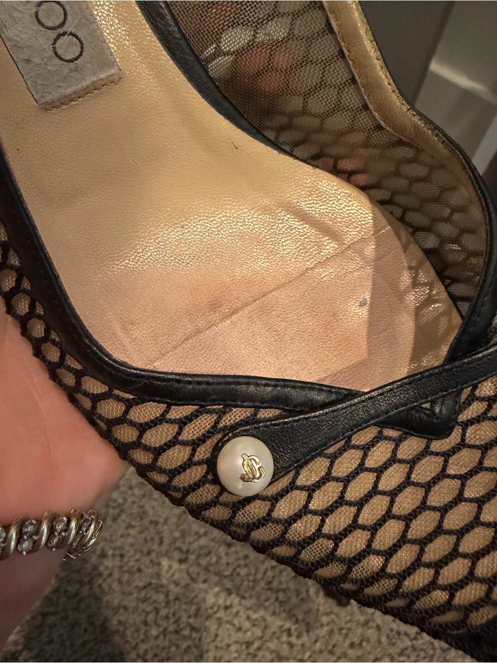 Jimmy Choo Black Mesh Pointed Slingback Heels with Pearl Accent - Picture 2 of 5